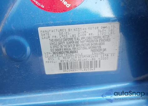 2021 Nissan Versa S Xtronic Cvt z USA, uszkodzony, nr VIN 3N1CN8DV7ML860363